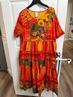 Amanda Stewart Woman Patchwork Boho Midi Dress Cotton Tiered 2X Cottagecore Art